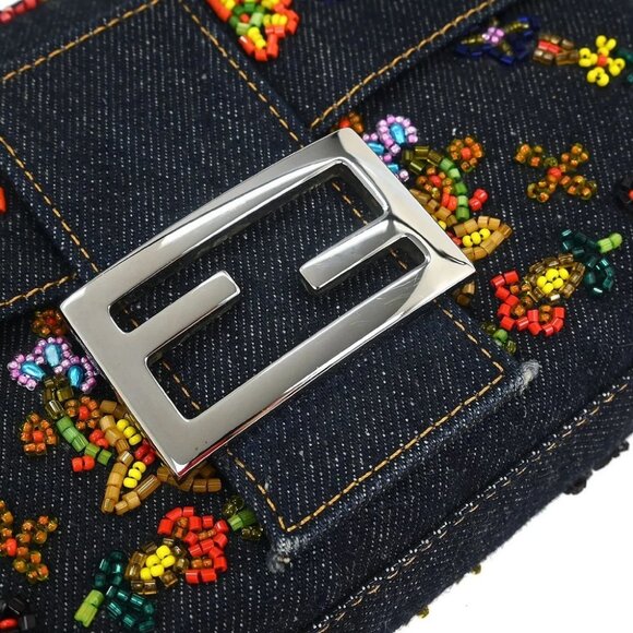 Fendi Navy Denim Beaded Baguette Handbag - Picture 6 of 10